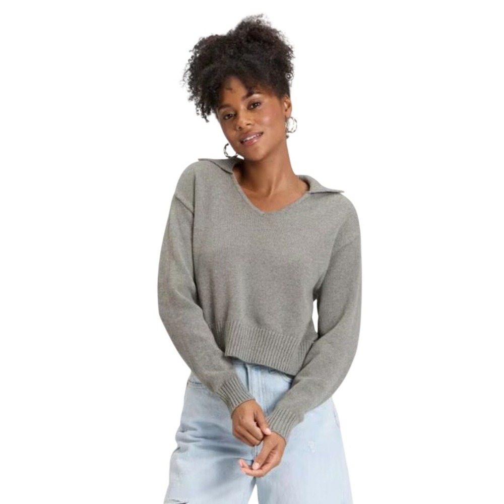 Universal Thread Women's Gray Collared V-Neck Pullover Sweater Size XL